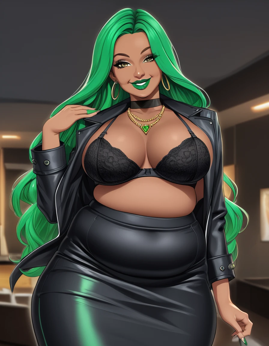 beautyfull woman, long green hair, long hair, african skin, green lipstick, black skirt, black bra, black chocker, black necklaces, evil smile, black jacket, chubby