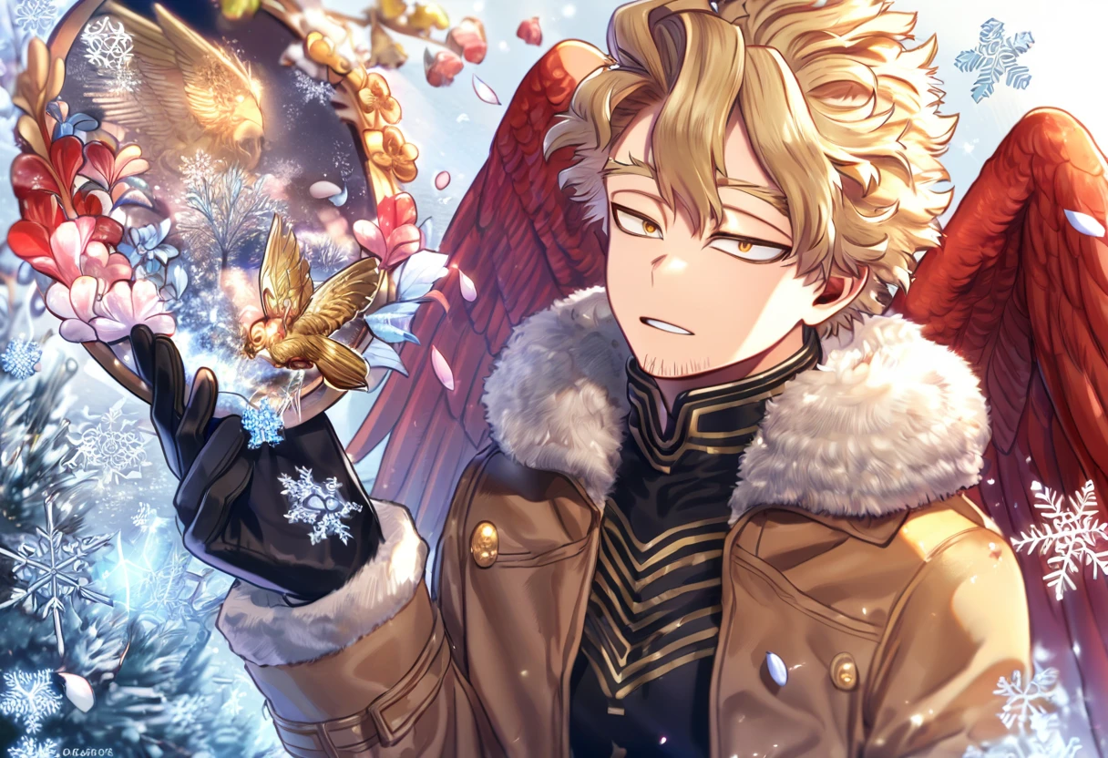 Ultra detailed, HDR, Highres, absurdres, master piece, Hawks, ash blonde hair, expressive brown-golden eyes, faint stubble, red wings, Boku No Hero Academia, brown coat with fur, black tight shirt, handsome, winter, ice glittering butterflies, ice, petals, glass flowers, glittering, water, fantasy, magical, snowflakes, cold, solo, black gloves