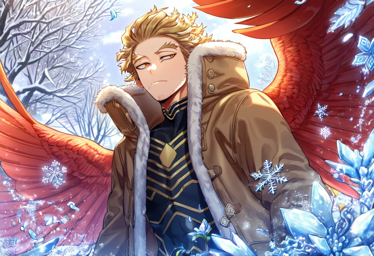 Ultra detailed, HDR, Highres, absurdres, master piece, Hawks, ash blonde hair, expressive brown-golden eyes, faint stubble, red wings, Boku No Hero Academia, brown coat with fur, black tight shirt, handsome, winter, ice glittering butterflies, ice, petals, glass flowers, glittering, water, fantasy, magical, snowflakes, cold, solo, black gloves