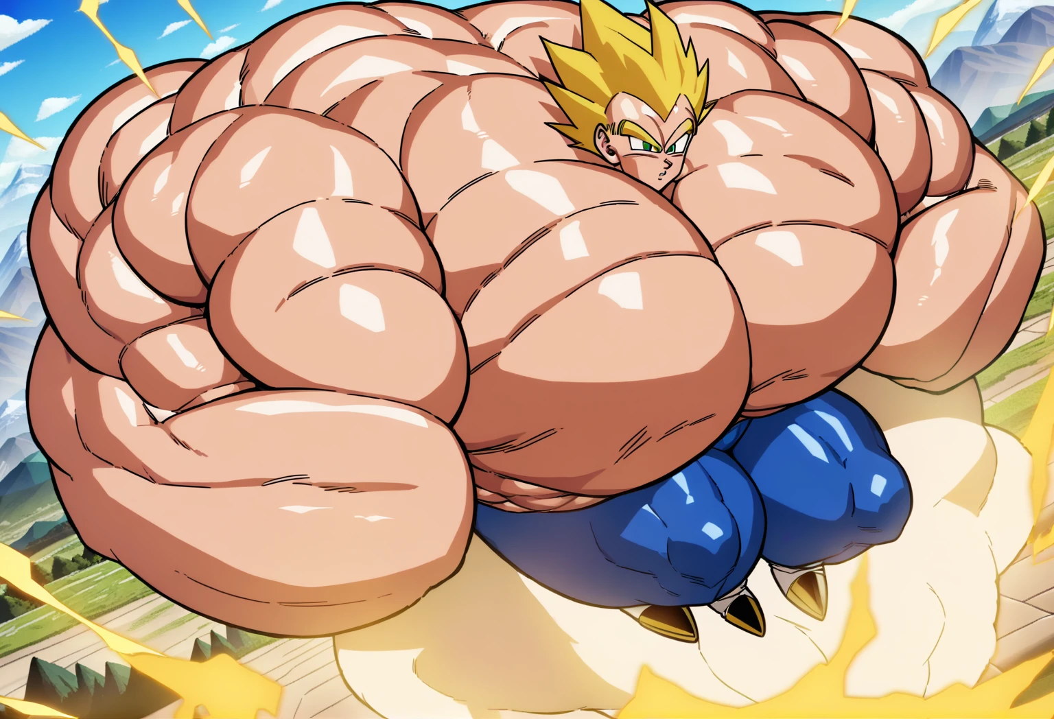1boy, Vegeta, from Dragon Ball Z, masterpiece, best quality, very aesthetic, absurdres, saiyan, green eyes, spiked hair, (yellow hair:1.5), shirtless, blue skintight pants, white gloves, (huge muscles:3), Dragon Ball Z artstyle, in the style of Akira Toriyama, white tiled floor, outdoors, flat-top mountains, nipples, abs, yellow aura, electricity, (mountains and sky in background:2), white gloves, (huge forearms:2.5), (nipples:1), (muscular calves:2), white boots