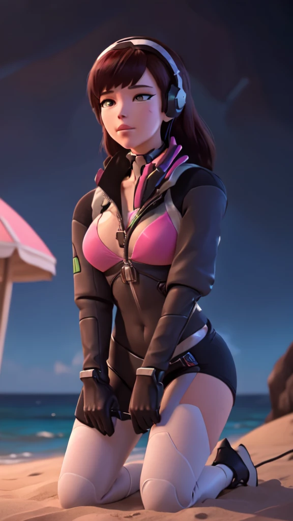 ((masterpiece)), (best quality), (detailed), (1 girl), red hair, lonh hair, sunglasses on head, big breasts, red jacket, ripped bodystocking, black chocker, black bra, chest chains, yellow eyes, black strings, white socks, red shoes, beach, (wet body)