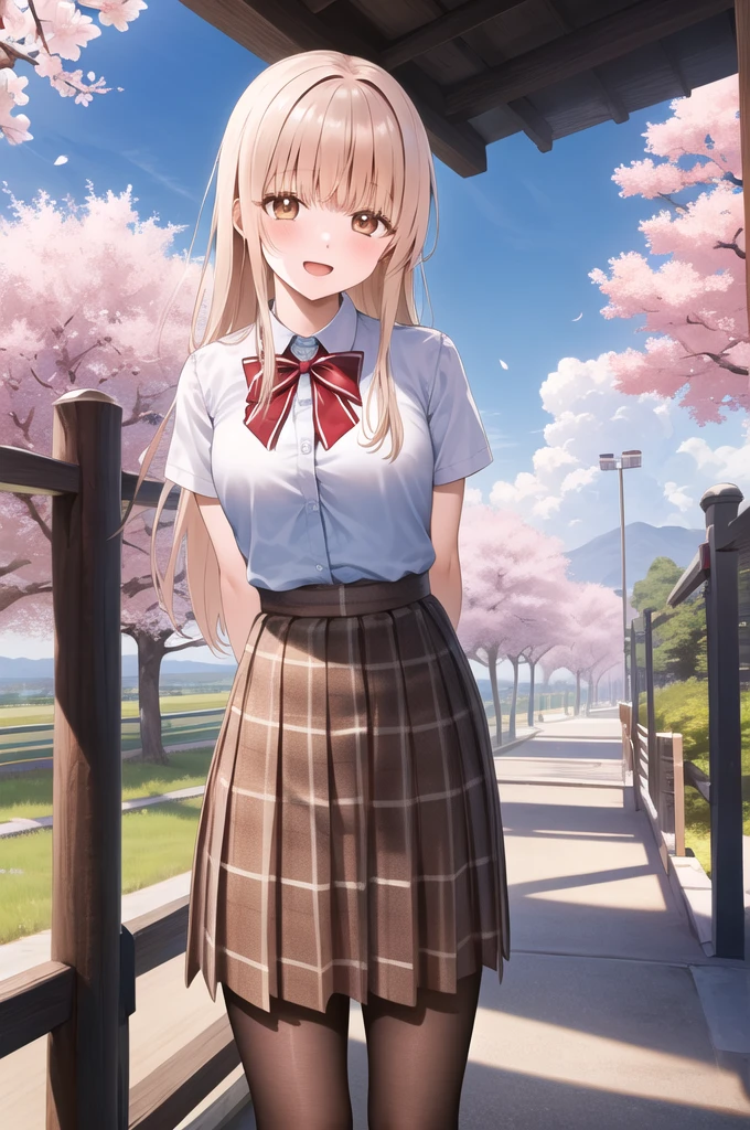 masterpiece, best quality, highres, aamahiru, long hair, red bowtie, white shirt, short sleeves, plaid skirt, brown skirt, pantyhose, standing, cowboy shot, leaning forward, arms behind back, outdoors, cherry blossoms, smile, open mouth,