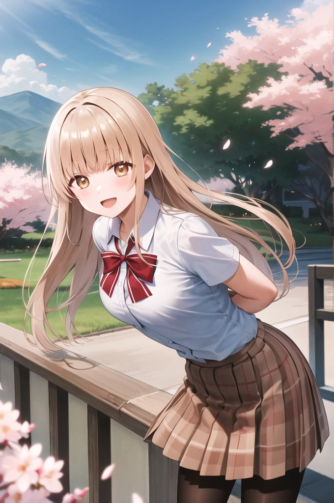 masterpiece, best quality, highres, aamahiru, long hair, red bowtie, white shirt, short sleeves, plaid skirt, brown skirt, pantyhose, standing, cowboy shot, leaning forward, arms behind back, outdoors, cherry blossoms, smile, open mouth,