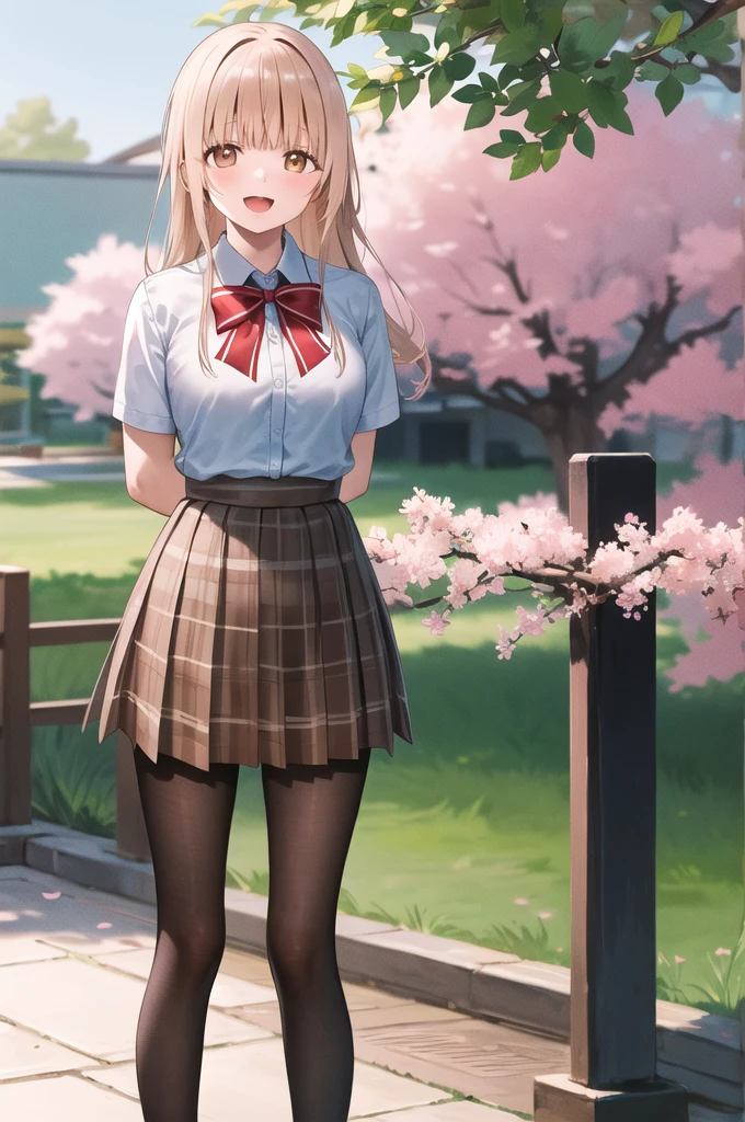 masterpiece, best quality, highres, aamahiru, long hair, red bowtie, white shirt, short sleeves, plaid skirt, brown skirt, pantyhose, standing, cowboy shot, leaning forward, arms behind back, outdoors, cherry blossoms, smile, open mouth,