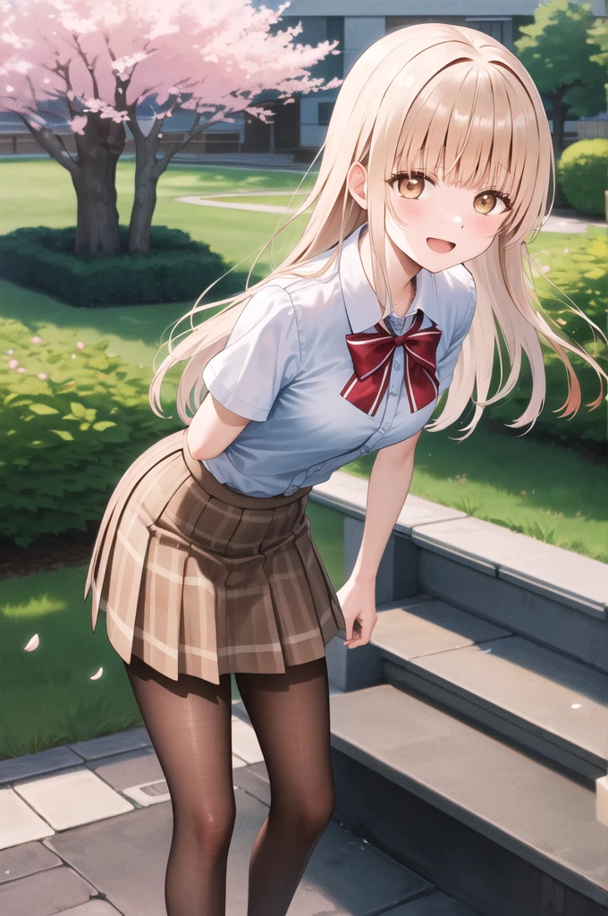masterpiece, best quality, highres, aamahiru, long hair, red bowtie, white shirt, short sleeves, plaid skirt, brown skirt, pantyhose, standing, cowboy shot, leaning forward, arms behind back, outdoors, cherry blossoms, smile, open mouth,