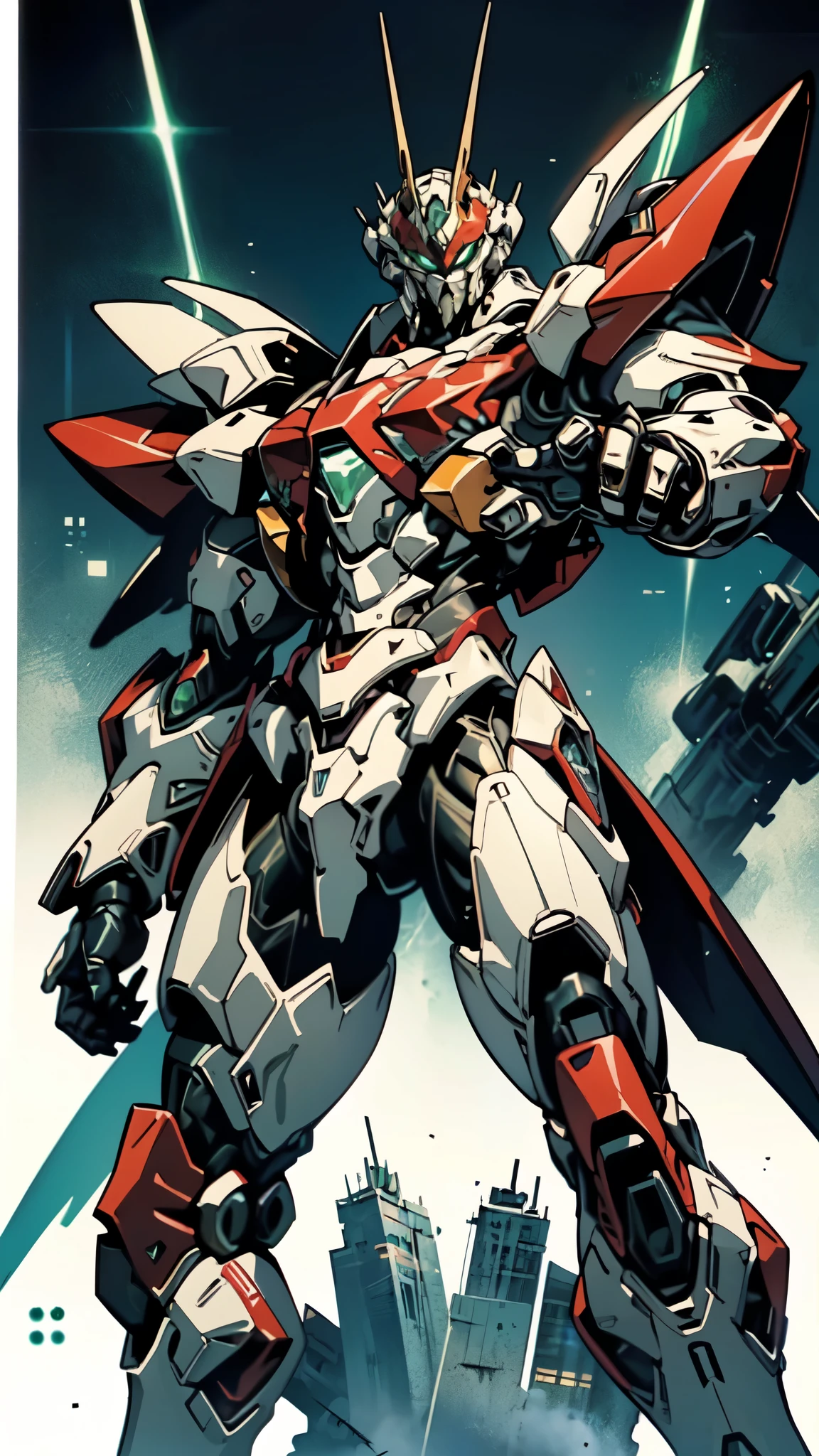 (masterpiece:1.5, best quality:1.5, extremely delicate:1.5, foreshortening:1.5, dynamic angle:1.5), a man wearing a full-face helmet, a fantasy-style biotech armored combat suit, green eyes, (a composite layered chest armor), fully enclosed shoulder guards, matching arm and leg guards, belt of Neon circuit, (the color scheme is primarily white with red green accents), the design balances heavy with agility, a high-tech bio-mecha armor, (Armor Concept Inspired by neon Cyberpunk, stand on the top of a skyscraper in a futuristic sci-fi city), this character embodies a finely crafted fantasy-surreal style armored hero in anime style, exquisite and mature manga art style, (element, plasma, energy, the armor glows), ((male:1.5)), metallic, high definition, highres, ultra-detailed, ultra-fine painting, professional, perfect body proportions, golden ratio, anatomically correct, symmetrical face, extremely detailed eyes and face, high quality eyes, creativity, RAW photo, UHD, 32k, Natural light, cinematic lighting, masterpiece-anatomy-perfect