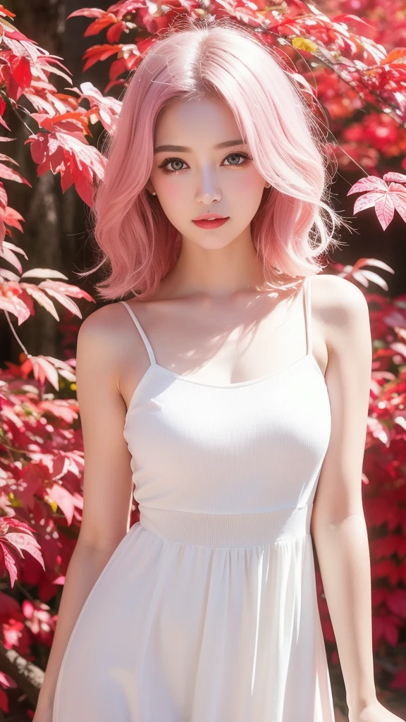 Light pink hair, Pink Eyes, Pink and white, Cherry leaves, Vibrant colors, White Dress, Paint splashes, Simple Background, Ray Tracing, Wavy Hair