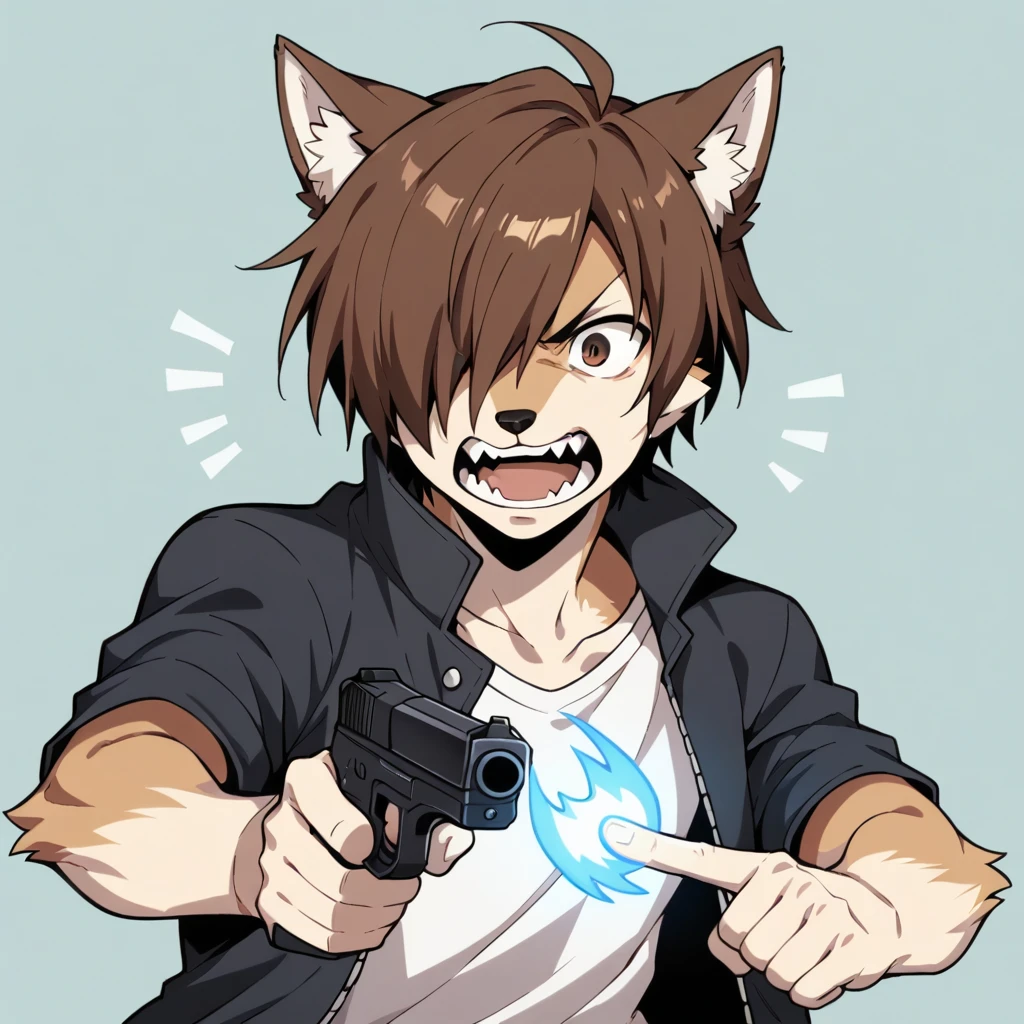 score_9, score_8_up, score_7_up,  BREAK solo, makotoyuki, yuuki makoto, 1boy, slim, Anthro furry brown wolf, brown eyes, brown hair, hair over one eye, short hair, white shirt, black jacket, gekkoukan high, holding a gun, pointing a gun to his head, yelling, surrounded by a blue aura, simple dark grey background 