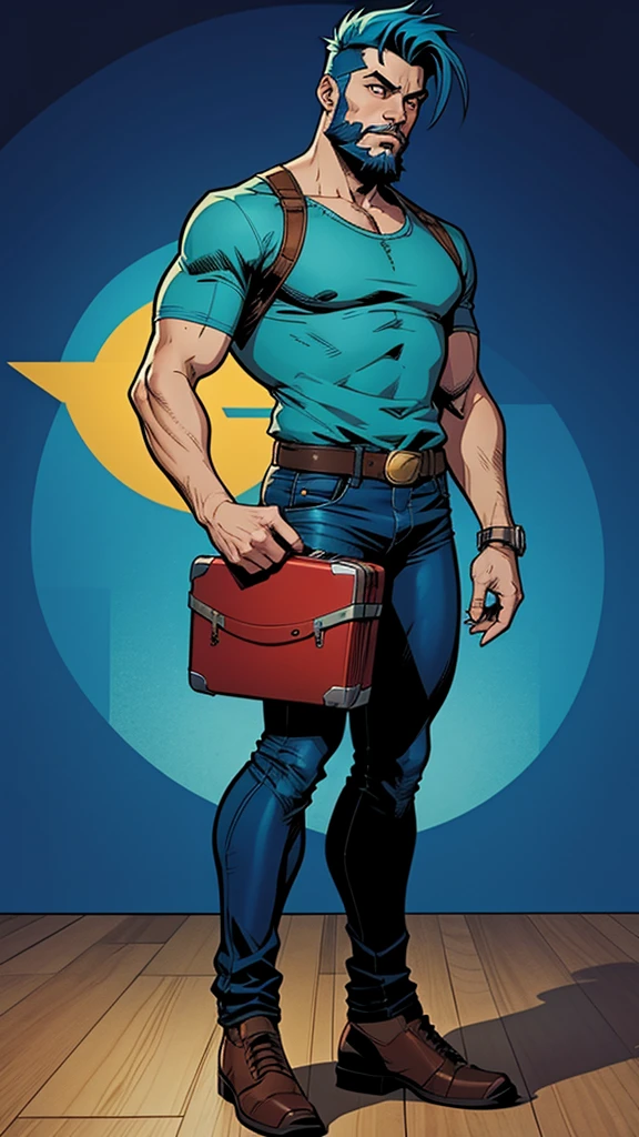 18 year old man, short blue hair, thin, elegamt red suitcase, he has days of beard. Cómic style. Marvel comics