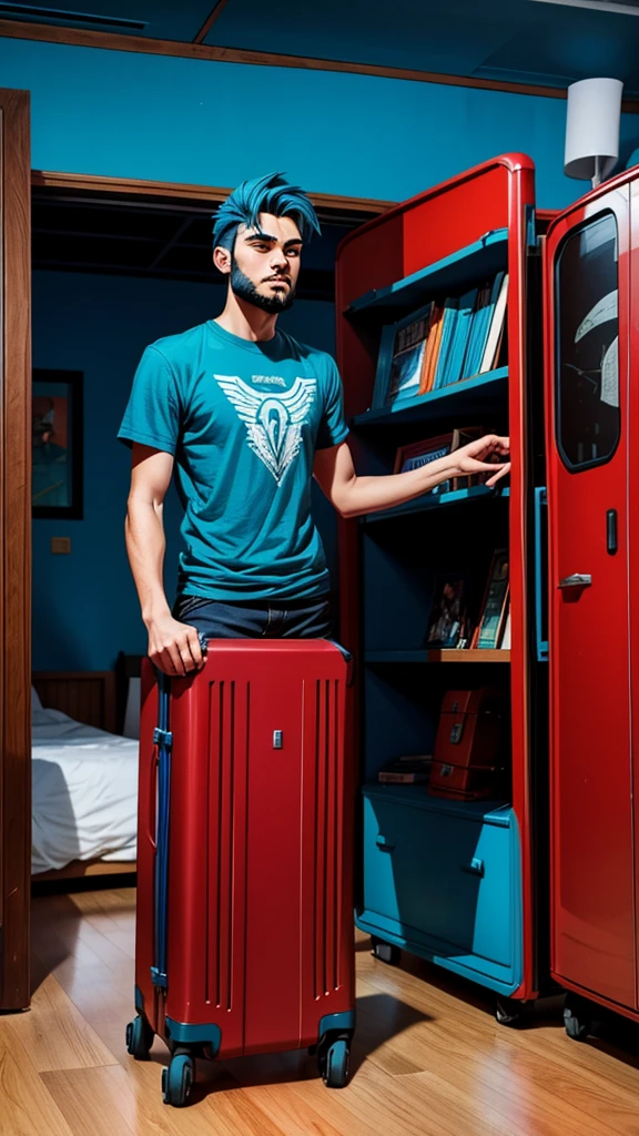 18 year old man, short blue hair, thin, elegamt red suitcase, he has days of beard. Cómic style. Marvel comics
