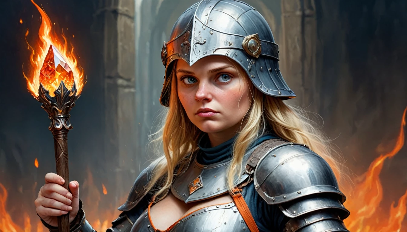 Highly detailed, UHD, 32k, medieval fantasy, heavy metal magazine cover, oil on canvas. a 21 years old blond human female chubby villager, she is not beautiful, her face is dull and plain, she is clad in a bluish metal shining plate armor, on her head she is wearing a blackish metal helmet with orange accents, and in her right hand she is holding a magical staff. At the top of the staff there is a magical crystal that emits flames. Behind her is the army of her kingdom, ready for battle