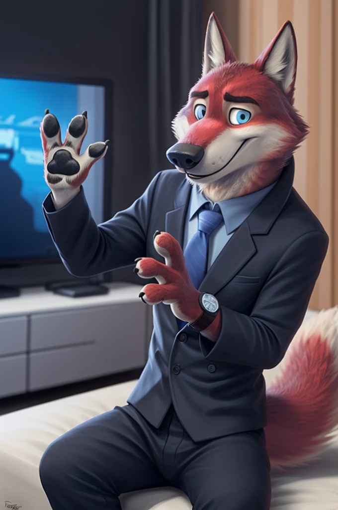 Joachim Wolfbach (Zootopia),tall handsome, wolf,young, 24 years, brown fur, hair on the head,(red body:1.3),Blue eyes, Moscow Dressed, shirt,blazer, tie,trousers,canine, wolf, detailed fur, Male, antro, paw pads, finger claws, waving, waving at viewer, 5 fingers, paws, 5 fingers, smile, happy, resting, wrist watch, т nextel, sitting at home watching TV, by xenoforge, (difficult, high detail, film photography, soft focus, RAW runs for governor,
Photorealism, realistic, photorealistic, analog style, Subsurface scattering,
masterpiece, Best quality, ultra realistic, 8 k)