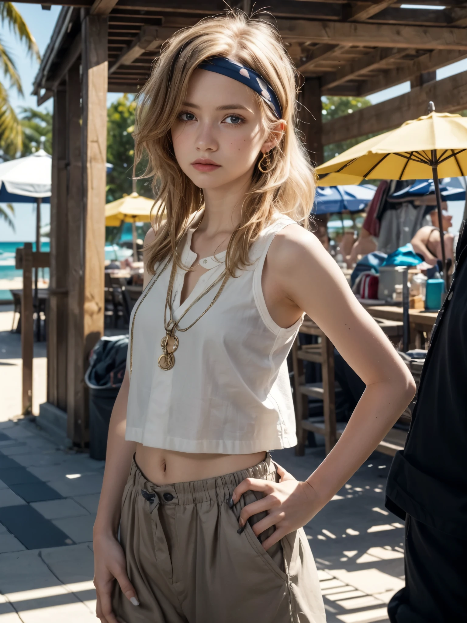 girl with tired look, BREAK, 1girl, both hands on hips, detailed face, (confused expression:0.8), tired look, standing, messy hair, bandana, (furrowed brow:0.8), slouched posture, exasperated, fatigue, sleeveless shirt, daytime, detailed background, (paradise beach:1.2), linen pants, (light gold:1.2), (realistic:1.2), (bokeh:1.2), (best quality, professional color grading), (detailed skin:1.3), (cinematic lighting:1.3), (clear focus),