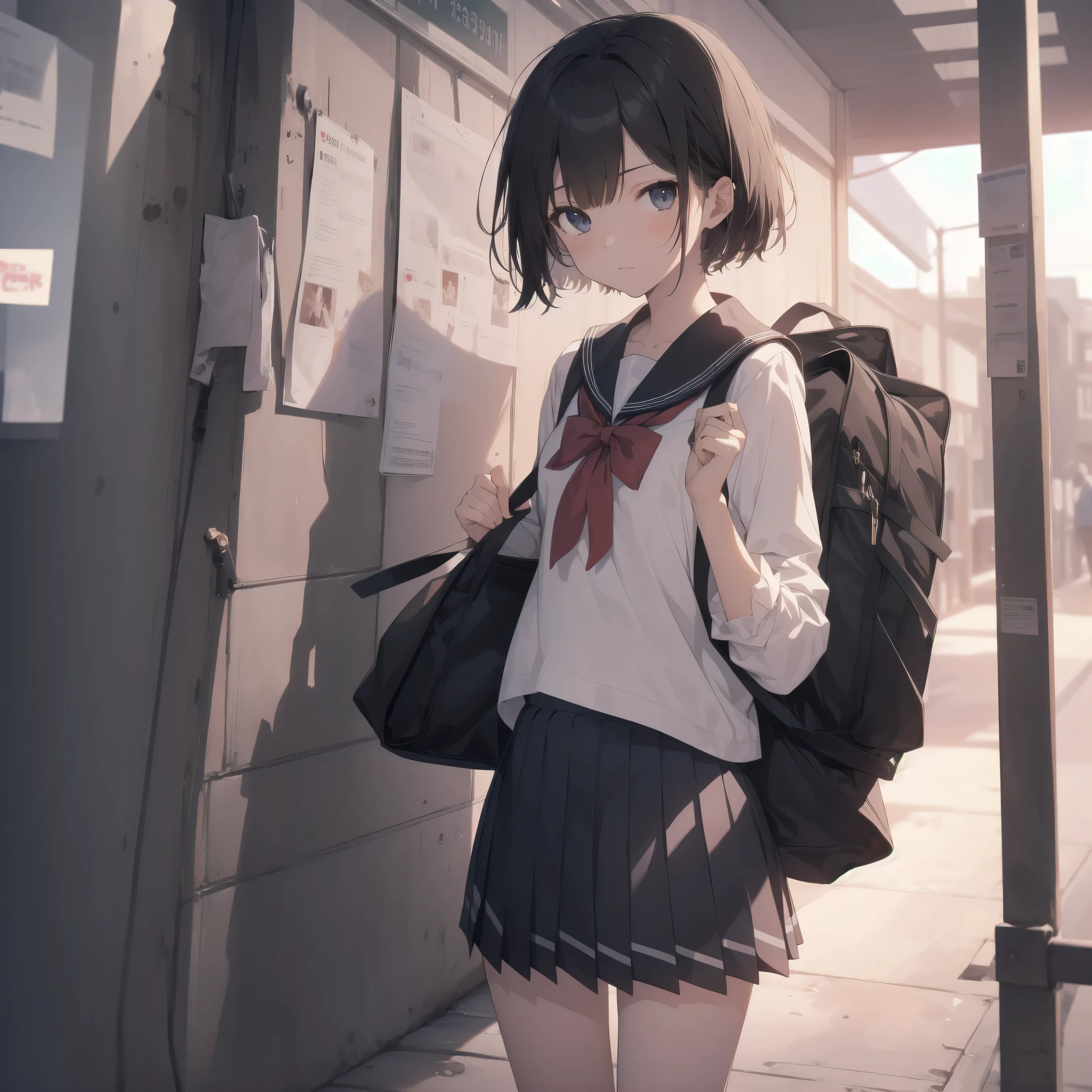 ultra-absurdres-Top quality by artist God, ultra-detailed, high resolution, anime moe artstyle, best anime 8k konachan wallpaper, pixiv contest winner, pool:2810, perfect anatomy,break, 1girl, (Please draw a girl walking sleepily to school alone. )break,(Solo,little female, 13-year-old:1.3),Full limbs, complete fingers,a junior high school student, (very short hair), short cut, flat chest, , small butt, small black eyes, beautiful detailed eyes, well-proportioned iris and pupils, expressive eyes, highres detailed hair, soft expression, salor school_uniform, sailor collar, serahuku, bow, pleated skirt,(Detailed Lighting), (Detailed background), in the School commute route. break,super detailed skin, Best cinematic lighting powered by famous artist, 8k,beauty illustration,photoshop_(medium),very aesthetic,break,((artist:beni_shake )), artist:clamp ,artist:carnelian ,artist:kantoku ,