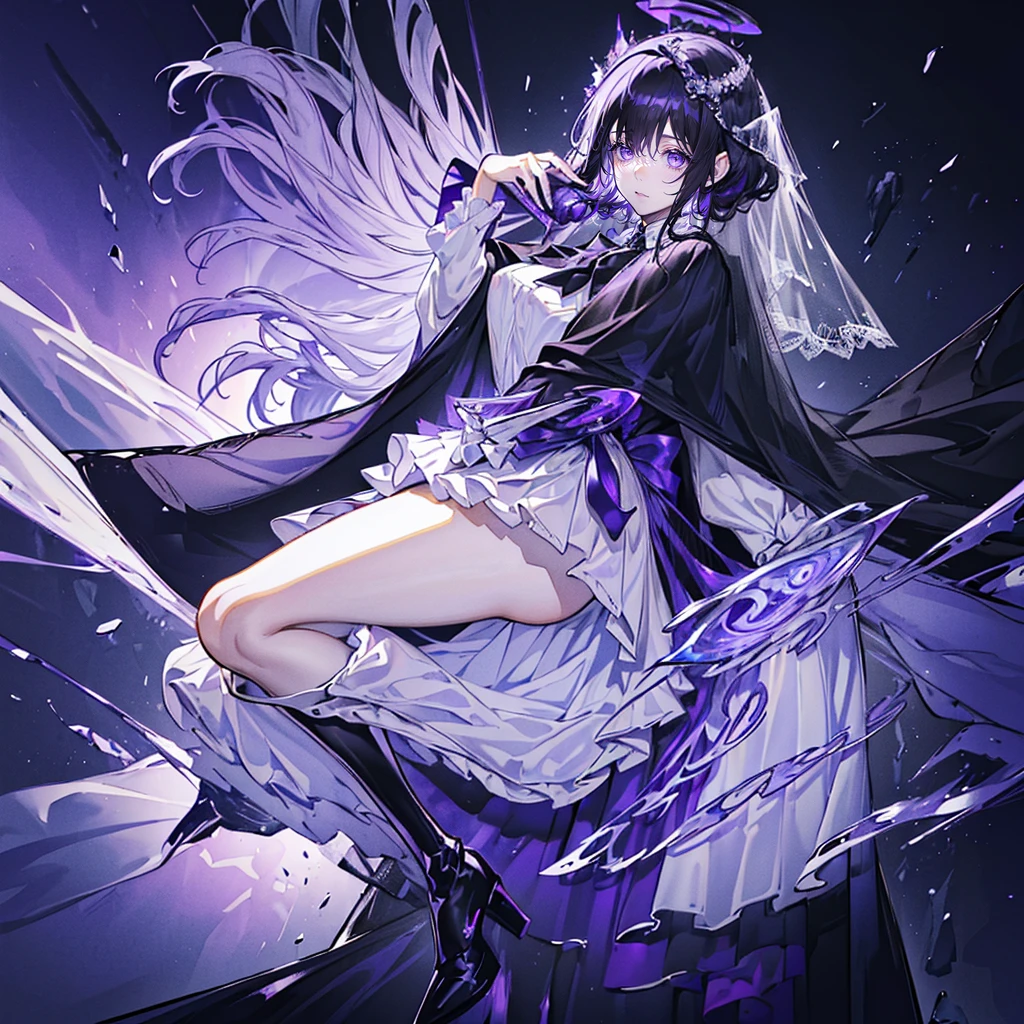 (Super detailed)),((illustration)),((masterpiece)),(((need))),((fine、Highest quality CG Unity 8K wallpapers,masterpiece),((4K,masterpiece,best quality)),Black hair queen,Waist-length hair,Royal sister,Sexy,Tall figure,Lilac eyes,Standing upright in a coffin,Mature,Hair Bunch,Hair tied on both sides,Black and purple French vintage clothing,Gorgeous pure black cape,Black veil,Purple-white halo,Black purple boots,Wearing a crown on the head,Holding a knight's sword,pyramid,Emitting dim purple light,Brilliant palace,The deep sea is filled with coffins,Mysterious symbols,individual,Emit a dim light,Full body picture