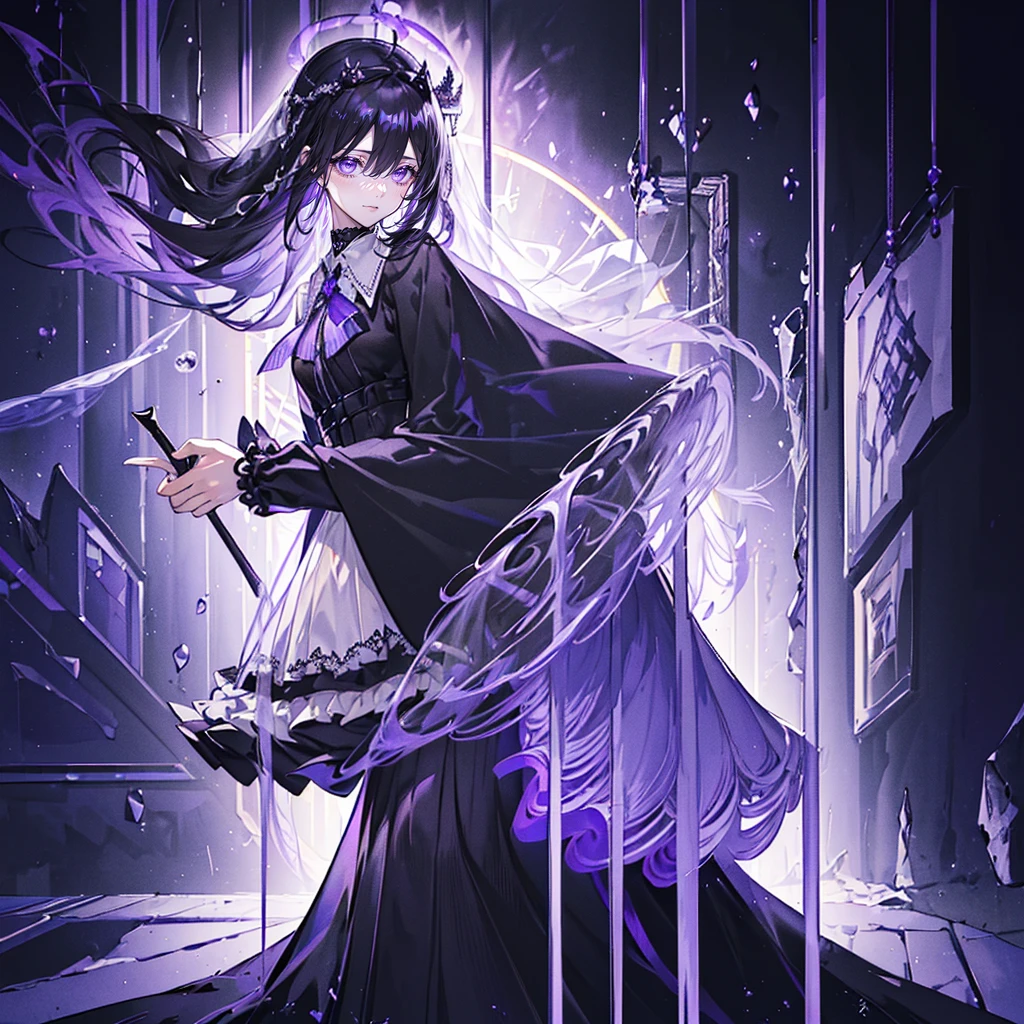 (Super detailed)),((illustration)),((masterpiece)),(((need))),((fine、Highest quality CG Unity 8K wallpapers,masterpiece),((4K,masterpiece,best quality)),Black hair queen,Waist-length hair,Royal sister,Sexy,Tall figure,Lilac eyes,Standing upright in a coffin,Mature,Hair Bunch,Hair tied on both sides,Black and purple French vintage clothing,Gorgeous pure black cape,Black veil,Purple-white halo,Black purple boots,Wearing a crown on the head,Holding a knight's sword,pyramid,Emitting dim purple light,Brilliant palace,The deep sea is filled with coffins,Mysterious symbols,individual,Emit a dim light,Full body picture