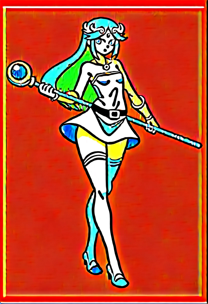 (masterpiece, best quality:1.3), Thin Lineart, male, solo, looking at viewer, flat chest, feminine male, green hair, full body, cowboy shot, :o, necklace, bare shoulders, strapless dress, vambraces, belt, white dress, white thighhighs, single thighhigh, holding staff, palutena, parted bangs, tiara, big butt,