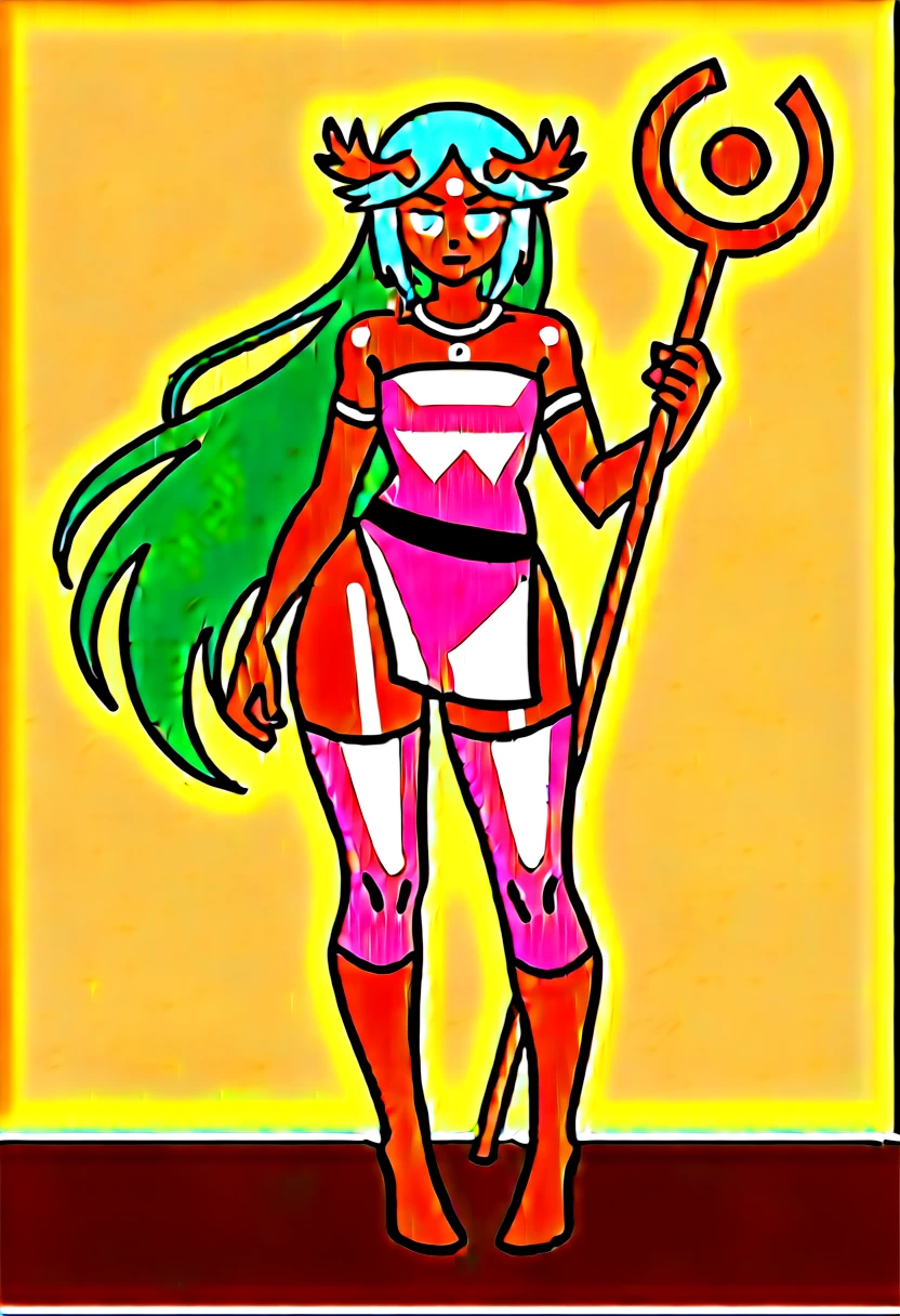 score_9, score_8_up, score_7_up, score_6_up, score_5_up, score_4_up, 
female, (cheetah tabaxi:1.2), holding spear in hands, long hair, dark_skin, dark_skinned_female, blonde hair, brown eyes, eyelashes, frills, tribal outfit,
Full body standing painting, (((solo))), Simple line design, ((tarot card background, symmetric beauty)), perfectly symmetrical, The art of symmetry, Standing drawings of characters, ((flatcolors)), tmasterpiecetop Qualities qualtiy