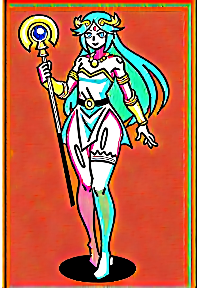 (masterpiece, best quality:1.3), Thin Lineart, male, solo, looking at viewer, flat chest, feminine male, green hair, full body, cowboy shot, :o, necklace, bare shoulders, strapless dress, vambraces, belt, white dress, white thighhighs, single thighhigh, holding staff, palutena, parted bangs, tiara, big butt,
