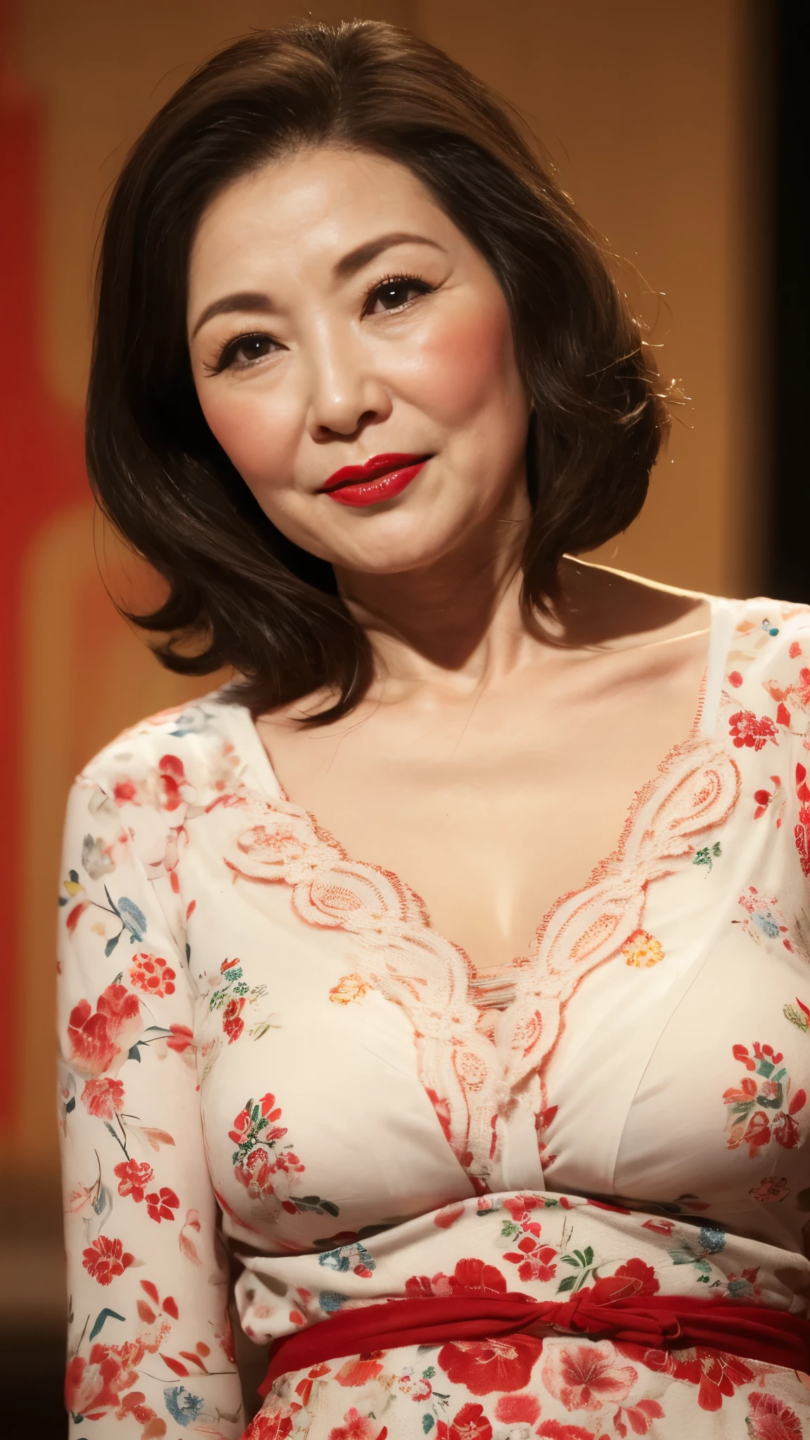 Mature Woman, Face close-up, Japanese painting gravure, senior citizen, Draw lips correctly, Red lipstick, No discomfort, 16K, Highest quality, Very detailed, Realistic, Very detailed肌, (Chinese), alone, Large Breasts, Mature Madam, Glamour, sexy, Chromo White Skin, Staring straight ahead,