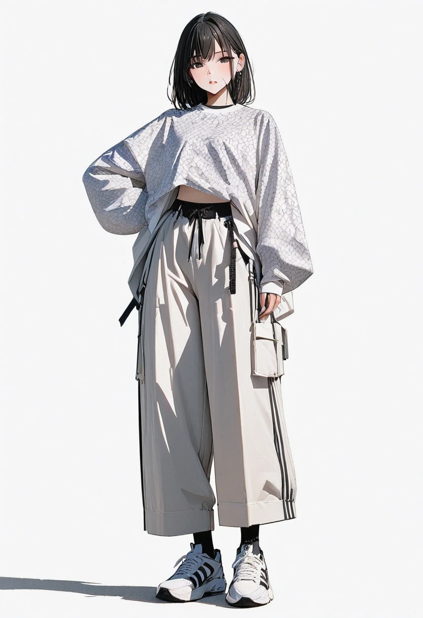 (Masterpiece, highest quality: 1.2, 8K), One girl in the center, wearing innerwear inside a white patterned shirt, wide pants, simple sneakers, whole body, simple background, white background,