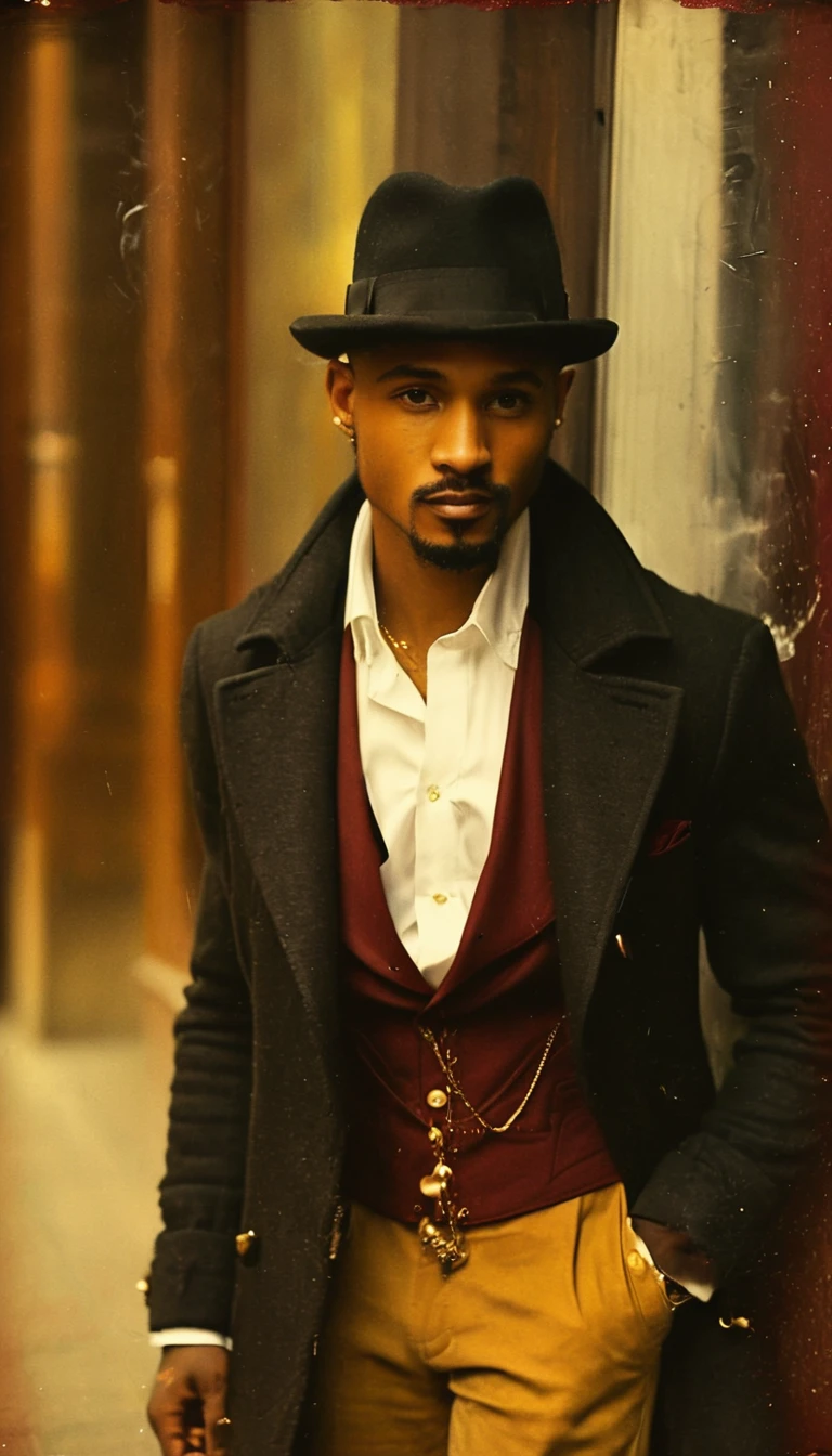 (Dark-skinned mulatto with bald eyes) (goatee) (white dress shirt with long puffed sleeves) wears a black bowler hat, a burgundy-colored vest with gold buttons, a black coat, black trousers, a gold pocket watch, gold rings on the fingers,
