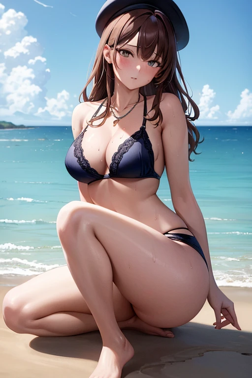 ((masterpiece, best quality, ultra-detailed)), highres, beautiful woman looking at viewer, shy, blush, sweat, navy blue bra, midi pencil skirt, long tight pencil skirt, barefoot, brim hat, necklace, full body, wavy brown hair, summer, walking along the beach, ocean