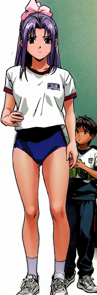 Momoko Koigakubo, a tall girl with beautiful legs, is standing with a smile on her face in a white gym uniform and light navy blue bloomers that look like panties.。Momoko Koigakubo is holding a second-grade boy wearing a tracksuit next to her.。