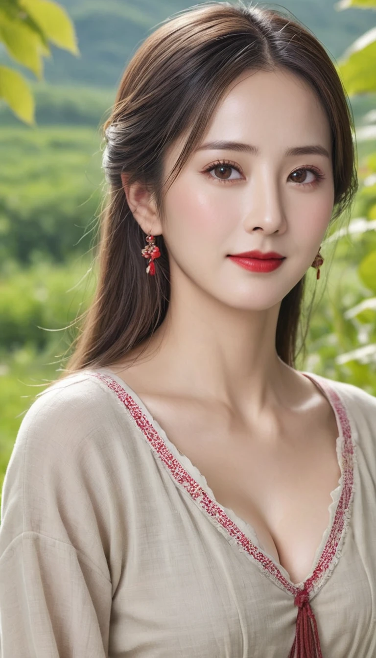 (((Hyper Real)))、Ancient peasant woman、Women in agriculture、(((big big big boobs)))、(((big big cleavage)))、(Easy to wear, Modest clothing)、 Beautiful woman　((High resolution))　High resolution、blonde mature、Very attractive mature woman、Attractive middle-aged woman、(((big big cleavage)))、Fine skin、超High resolution、Plump figure、Beautiful smile、中年Beautiful woman、Beautiful expression、Beautiful brown eyes、Fluffy long blonde hair、非常に繊細でFine skin、45 歳のAncient peasant woman、((In the countryside))、Women in agriculture、big 、Bright red lips、(Simple clothing)、