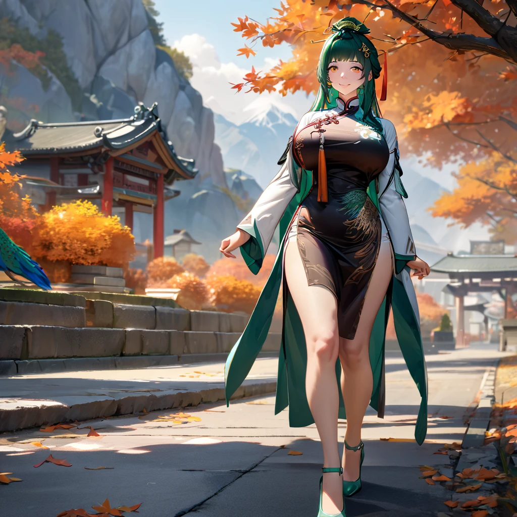 A woman wearing long-sleeved traditional Chinese dress, green hair, long hair, hair ornament in traditional Chinese aesthetic, green heels, orange eyes, walking on a concrete sidewalk, with trees in autumn aesthetic, orange leaves, background with large mountains , smiling, big breasts, a peacock nearby, daytime location,..UHD , prime work , accurate , anatomically correct , textured skin , super details , high quality , best quality, 8k, high resolution, bokeh effect. (woman solo), realistic, close view

