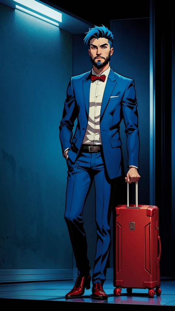 18 year old man, short blue hair, thin, elegant red suitcase, he has days of beard. Cómic style. Marvel comics
