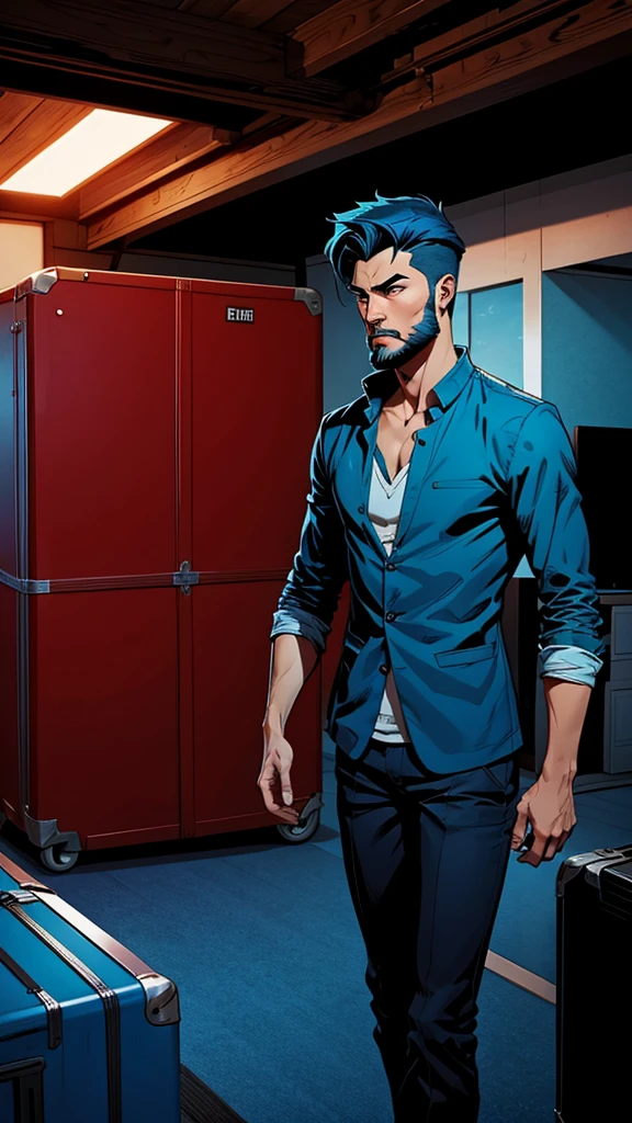 18 year old man, short blue hair, thin, elegant red suitcase, he has days of beard. Cómic style. Marvel comics