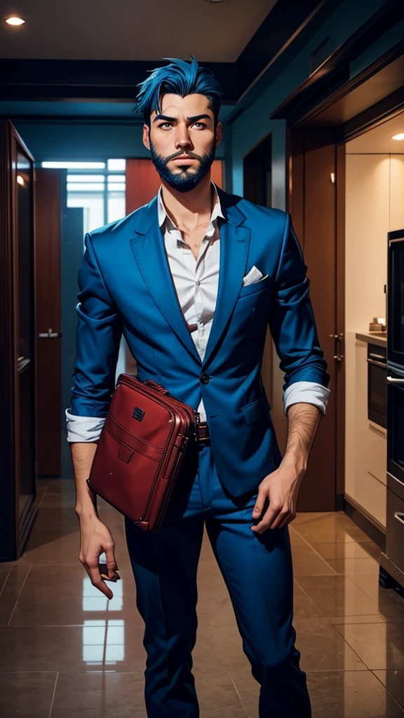 18 year old man, short blue hair, thin, elegant red suitcase, he has days of beard. Cómic style. Marvel comics