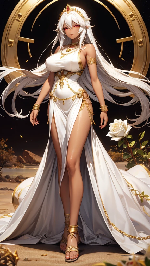 Adult woman with long white hair, dark skin, huge breasts and red eyes,Bare arms,gold tiara,necklace,Gold ornaments,white evening dress,bare legs,sandals,White Rose,desert,river