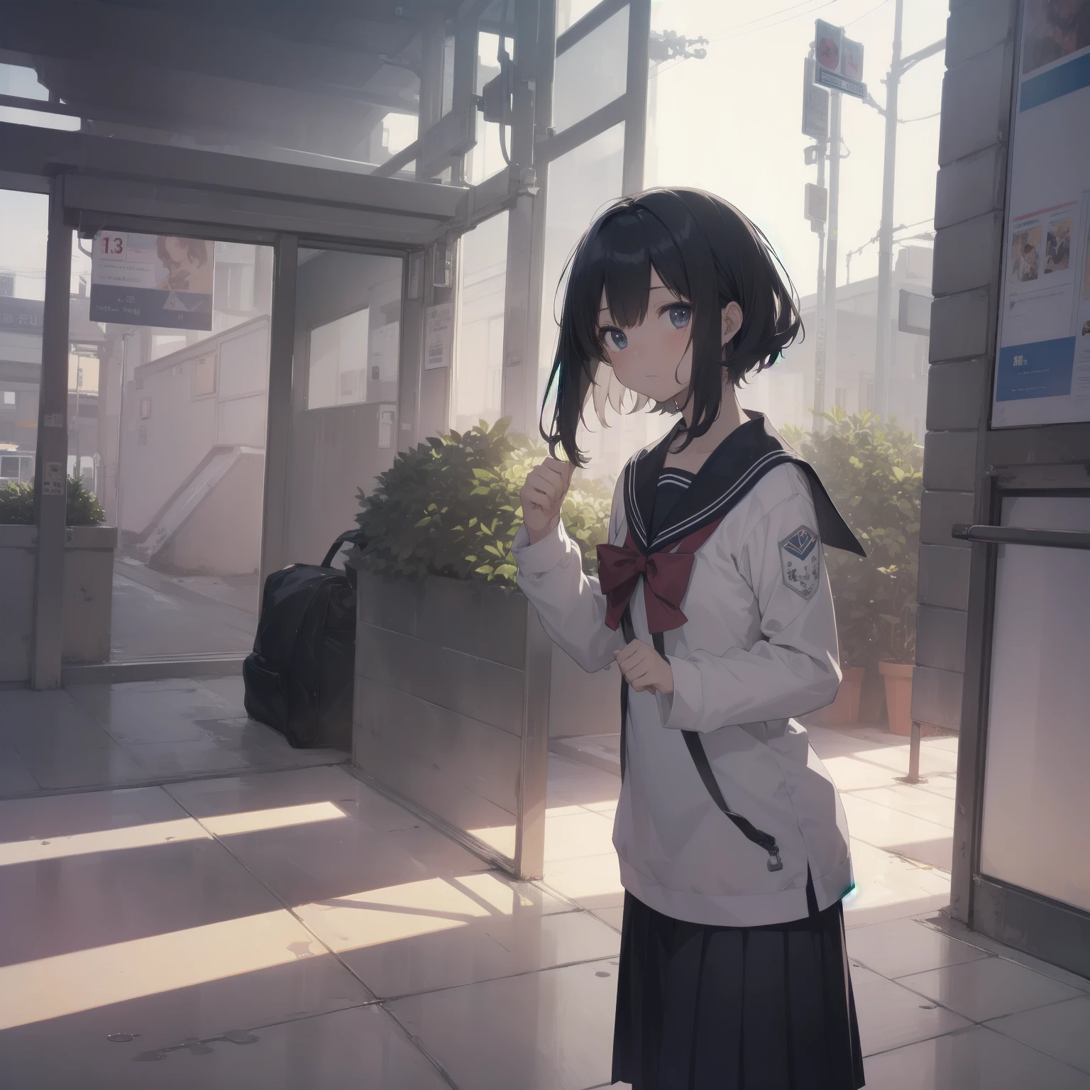 ultra-absurdres-Top quality by artist God, ultra-detailed, high resolution, anime moe artstyle, best anime 8k konachan wallpaper, pixiv contest winner, pool:2810, perfect anatomy,break, 1girl, (Please draw a girl walking sleepily to school alone. )break,(Solo,little female, -yeld:1.Full limbs, complete fingers,a junior hihort hair), short cut, flat chest, , small butt, small black eyes, beautiful detailed eyes, well-proportioned iris and pupils, expressive eyes, highres detailed hair, soft expression, salor school_uniform, sailor collar, serahuku, bow, pleated skirt,(Detailed Lighting), (Detailed background), in the School commute route. break,super detailed skin, Best cinematic lighting powered by famous artist, 8k,beauty illustration,photoshop_(medium),very aesthetic,break,((artist:beni_shake )), artist:clamp ,artist:carnelian ,artist:kantoku ,