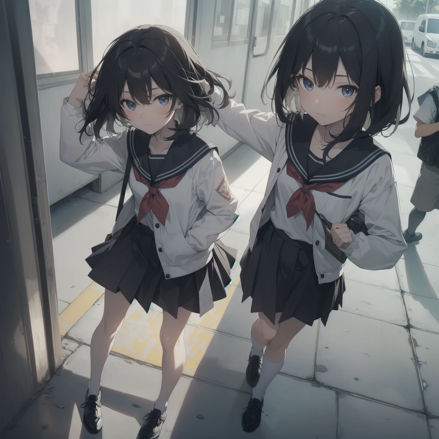 ultra-absurdres-Top quality by artist God, ultra-detailed, high resolution, anime moe artstyle, best anime 8k konachan wallpaper, pixiv contest winner, pool:2810, perfect anatomy,break, 1girl, (Please draw a girl walking sleepily to school alone. )break,(Solo,little female, 13-year-old:1.3),Full limbs, complete fingers,a junior high school student, (very short hair), short cut, flat chest, , small butt, small black eyes, beautiful detailed eyes, well-proportioned iris and pupils, expressive eyes, highres detailed hair, soft expression, salor school_uniform, sailor collar, serahuku, bow, pleated skirt,(Detailed Lighting), (Detailed background), in the School commute route. break,super detailed skin, Best cinematic lighting powered by famous artist, 8k,beauty illustration,photoshop_(medium),very aesthetic,break,((artist:beni_shake )), artist:clamp ,artist:carnelian ,artist:kantoku ,
