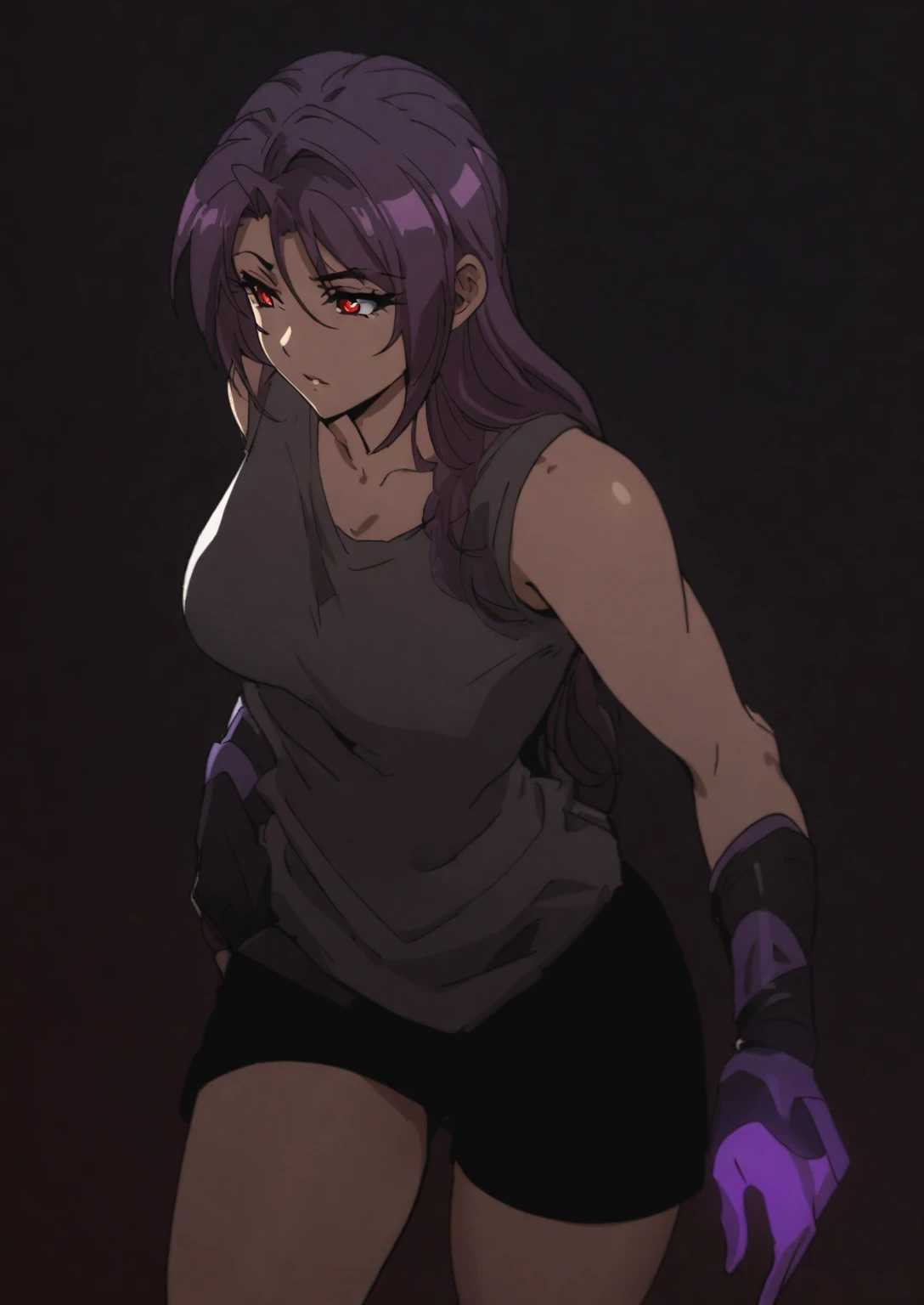 a pretty girl, with purple hair and red eyes . Manhwa style.
