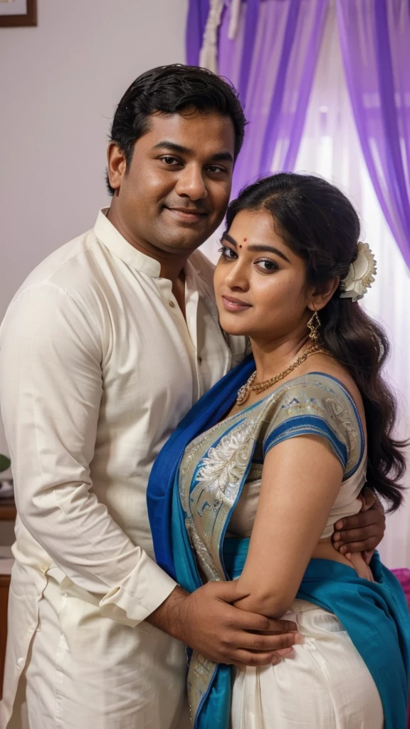 A radiant, full-figured plus sized South Indian 45 year old bride wearing a transparent blue colour silky saree standing hugging and kissing a 23 year old boy in a living room, , captured in a full-body image with vibrant hues and meticulous details. Full body image