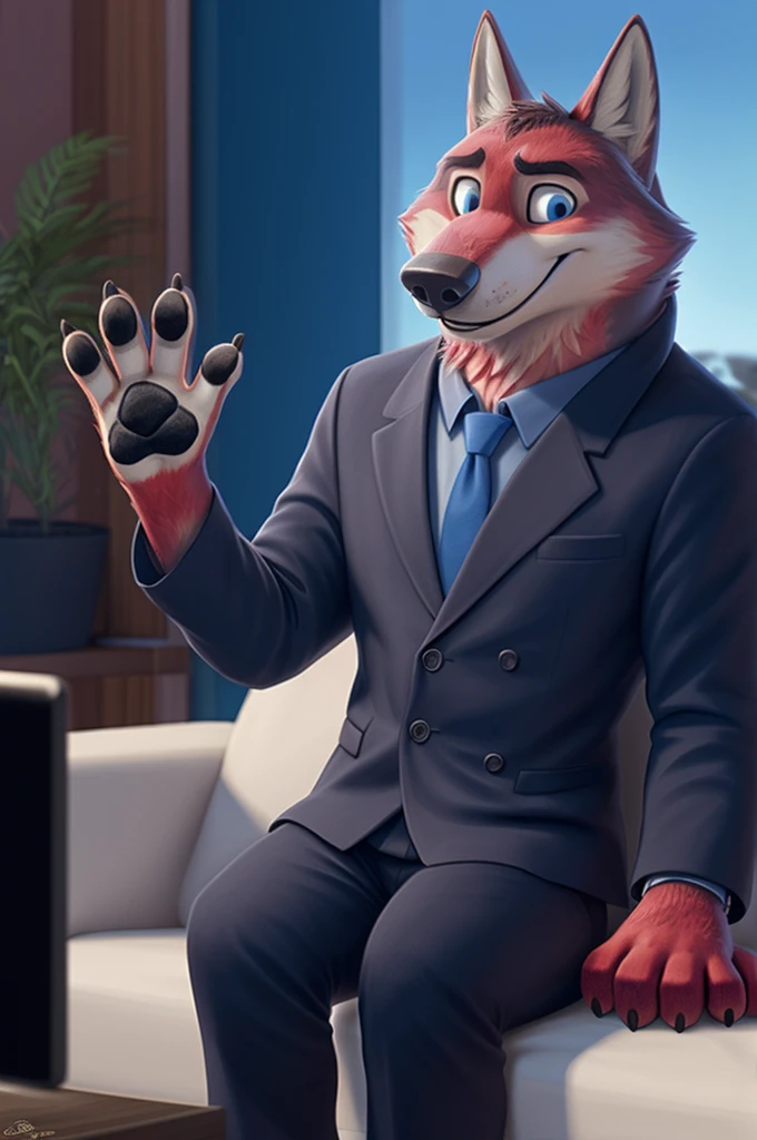 Joachim Wolfbach (Zootopia),tall handsome, wolf,young, 24 years, brown fur, hair on the head,(red body:1.3),Blue eyes, Moscow Dressed, shirt,blazer, tie,trousers,canine, wolf, detailed fur, Male, antro, paw pads, finger claws, waving, waving at viewer, 5 fingers, paws, 5 fingers, smile, happy, resting, wrist watch, т nextel, sitting at home watching TV, by xenoforge, (difficult, high detail, film photography, soft focus, RAW, священник smile смех
фотореализм, realistic, photorealistic, analog style, Subsurface scattering,
masterpiece, Best quality, ultra realistic, 8 k)