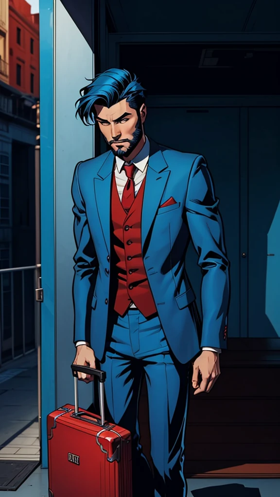 18 year old man, short blue hair, thin, elegant red formal suitcase, he has days of beard. Cómic style. Marvel comics
