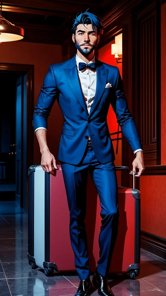 18 year old man, short blue hair, thin, elegant red formal suitcase, he has days of beard. Cómic style. Marvel comics