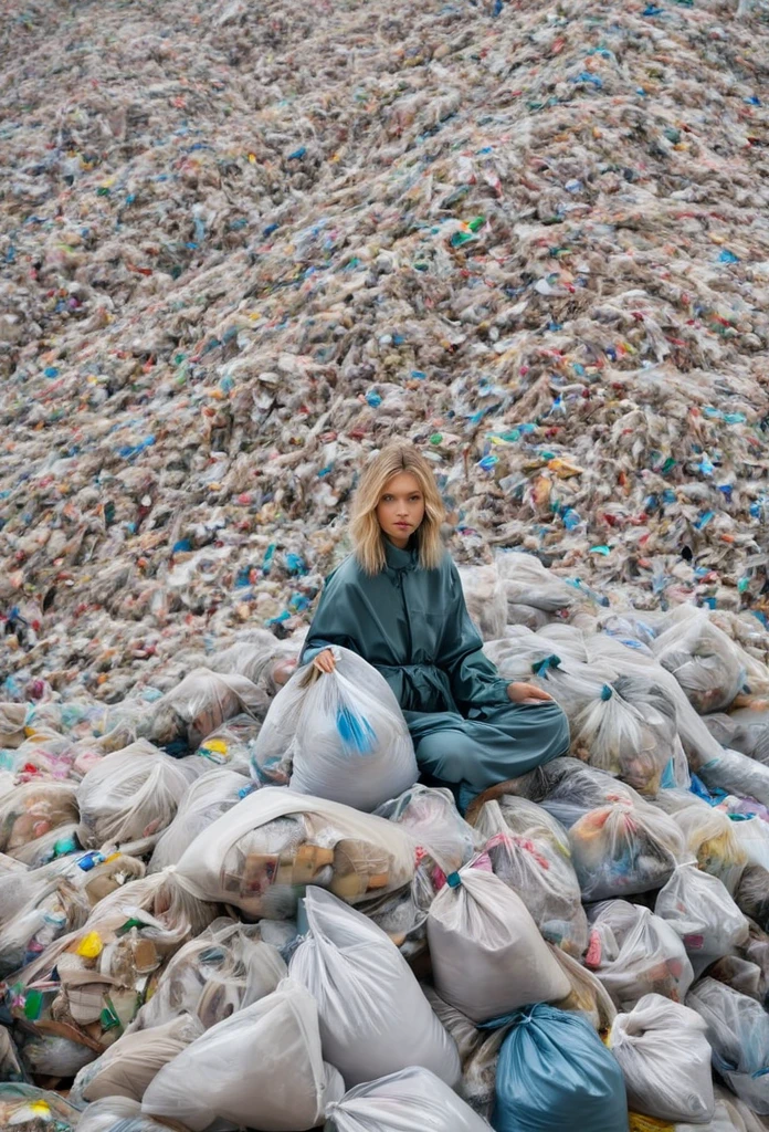 isometric angle of shot, wide shot, endless garbage dump covered in diverse sized dirty plastic bags, endless view wide angle covered in diverse sized plastic bags BREAK fashion model woman gorgeous girl sasha luss posing surrounded by towering piles plastic bags, colossal amount of plastic, drawn in plastic bags , emerging obscured by lot amount of bags
