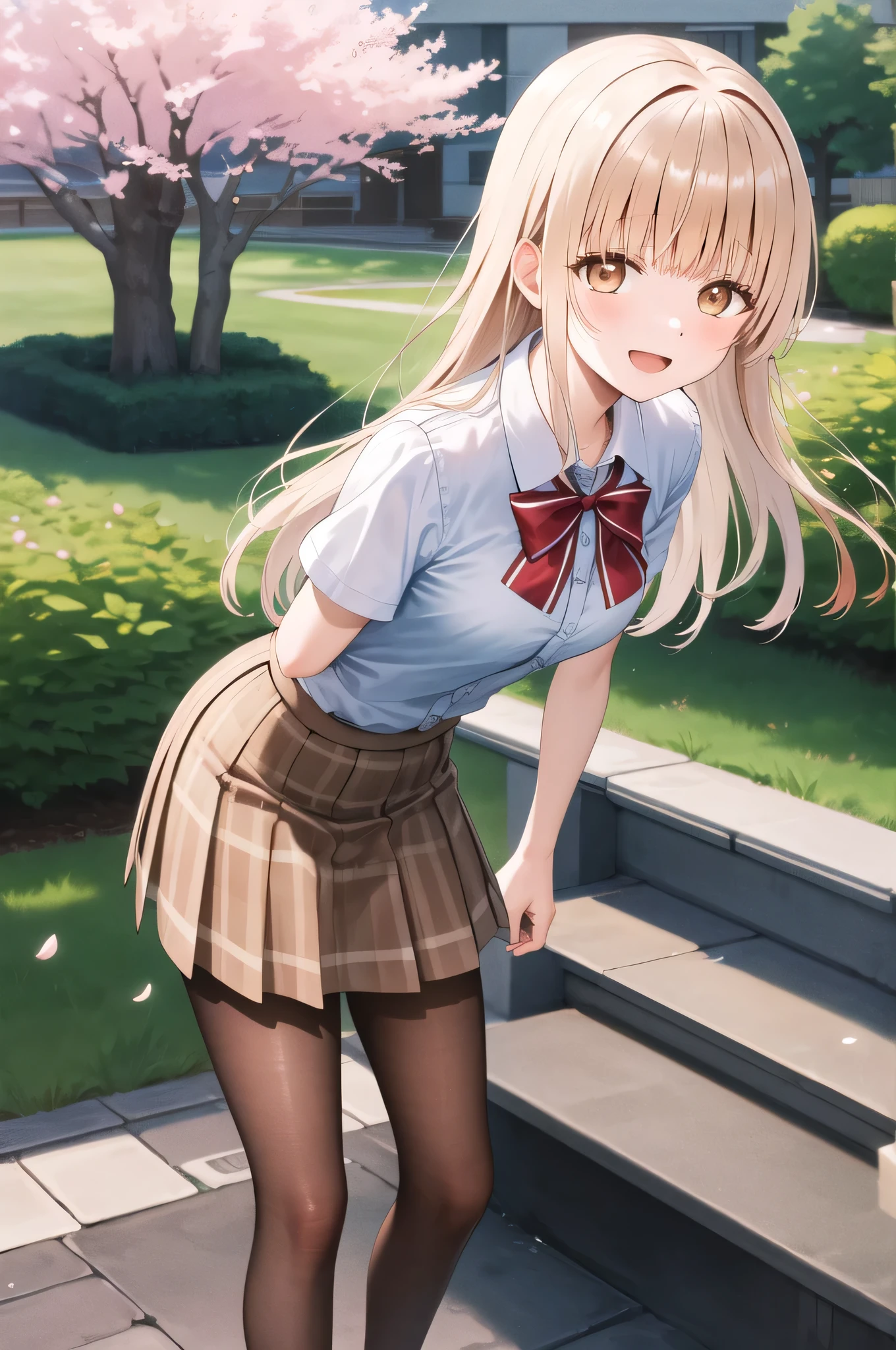 masterpiece, best quality, highres, aamahiru, long hair, red bowtie, white shirt, short sleeves, plaid skirt, brown skirt, pantyhose, standing, cowboy shot, leaning forward, arms behind back, outdoors, cherry blossoms, smile, open mouth,