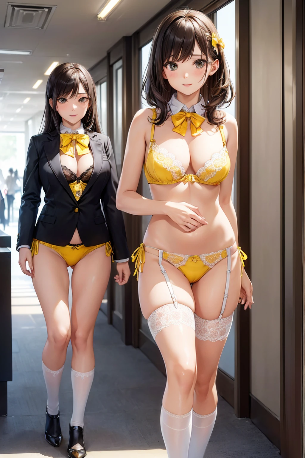 ((一人のWoman in underwearはセクシーに歩いている:1.5)), Beautiful Anime Women, Beautiful art style, Anime characters, ((Smooth texture, Realistic texture, Anime CG Style)), ((Highest quality)), (Very detailed), (Very detailed CG 統合 8k 壁紙), Very detailed, High-resolution RAW color photos, Professional photography, (Brown Hair, Stylish hairstyle:1.1), Great face and eyes, Beautiful and big breasts, Slender body, (Stunningly beautiful woman), (Detailed face:1.2), (Office corridor, There is a window in the hallway:1.4), (Many men in suits are walking in the background:1.5), ((Bow tie around neck:1.3), (Black high heels:1.1), (Sexy and cute yellow underwear:1.3), (Stylish shiny yellow satin panties, Side-tie panties, Panties with plain yellow center and lace decoration on the sides:1.3), (Thin panties:1.3), (Yellow micro lace satin bra, Yellow bra with lace trim, Thin bra:1.3), (lace garter belt, Garter Strings, Knee socks:1.3):1.3), (naked, Woman in underwear, 女性はブラとパンティとKnee socksとガーターベルトだけを着用:1.5), Exact number of arms, Exact number of legs, Perfect Anatomy, (Embarrassed expression, Surprised expression), Angle from the front, Exact finger count、Exact number of legs、(Exact number of arms:1.0, Exact number of hands:1.0), (Perfect hands, Perfect Anatomy)