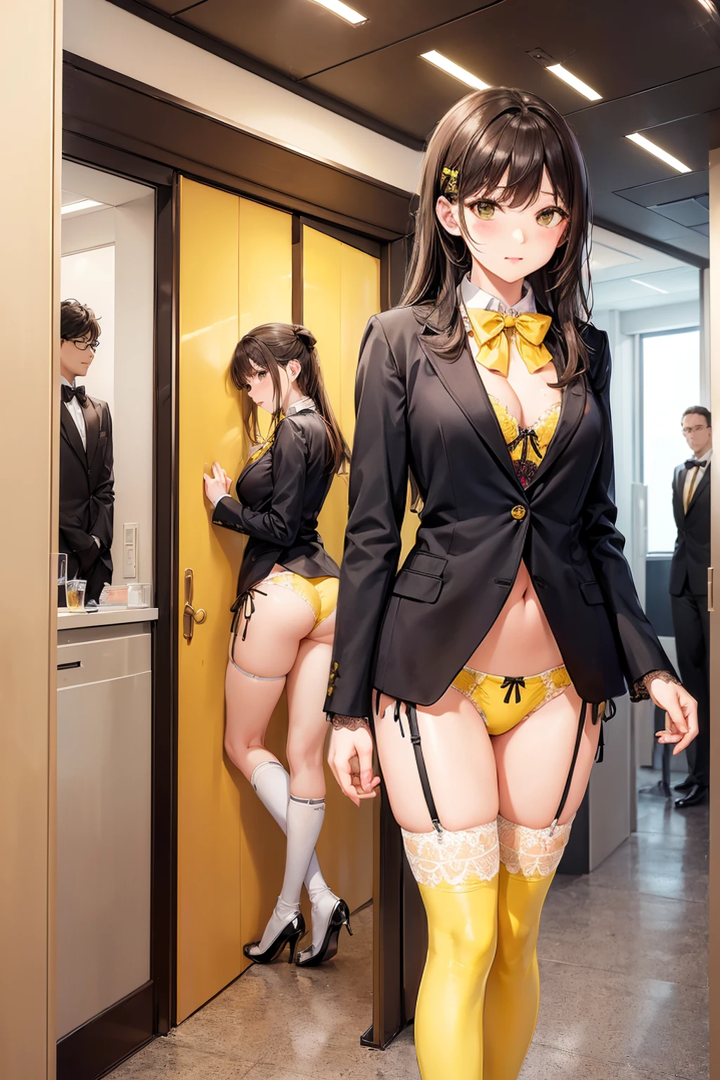 ((一人のWoman in underwearはセクシーに歩いている:1.5)), Beautiful Anime Women, Beautiful art style, Anime characters, ((Smooth texture, Realistic texture, Anime CG Style)), ((Highest quality)), (Very detailed), (Very detailed CG 統合 8k 壁紙), Very detailed, High-resolution RAW color photos, Professional photography, (Brown Hair, Stylish hairstyle:1.1), Great face and eyes, Beautiful and big breasts, Slender body, (Stunningly beautiful woman), (Detailed face:1.2), (Office corridor, There is a window in the hallway:1.4), (Many men in suits are walking in the background:1.5), ((Bow tie around neck:1.3), (Black high heels:1.1), (Sexy and cute yellow underwear:1.3), (Stylish shiny yellow satin panties, Side-tie panties, Panties with plain yellow center and lace decoration on the sides:1.3), (Thin panties:1.3), (Yellow micro lace satin bra, Yellow bra with lace trim, Thin bra:1.3), (lace garter belt, Garter Strings, Knee socks:1.3):1.3), (naked, Woman in underwear, 女性はブラとパンティとKnee socksとガーターベルトだけを着用:1.5), Exact number of arms, Exact number of legs, Perfect Anatomy, (Embarrassed expression, Surprised expression), Angle from the front, Exact finger count、Exact number of legs、(Exact number of arms:1.0, Exact number of hands:1.0), (Perfect hands, Perfect Anatomy)