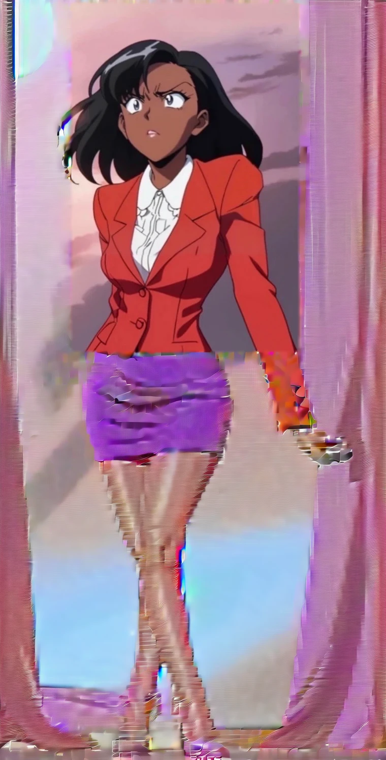 90s anime Evil black skinned business woman in a red suit and long red skirt and red heels