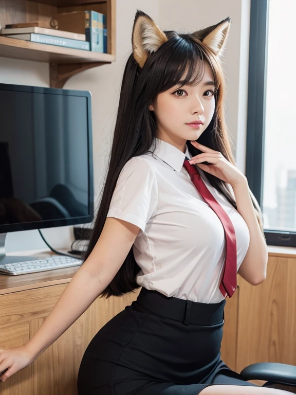 ((Highest quality)), ((masterpiece)), (Familiar), Perfect Face, fox lady, Pretty girl, Fox Ears, Fox tail, She has a northern fox tail, She wags her fluffy tail, She is a pretty office worker., Beautiful hip line, Thick thighs, One big tail, The tail sticks out from under the skirt, Nice body, Shyly staring at his tail, Only one tail, a shy face