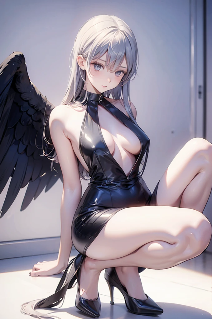 ((Highest quality)), ((masterpiece)), (detailed), One girl,Silver Hair,Long Hair,Dark Skin,Wearing a black sleeveless dress,Wear black high heels,Squatting sideways on top of a chimney,Only the morning sky,cloud,fallen Angel,Look away