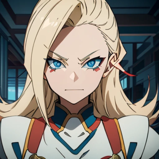 Ryuko is a woman with blue eyes and long blonde hair that is mostly combed back except for her bangs.