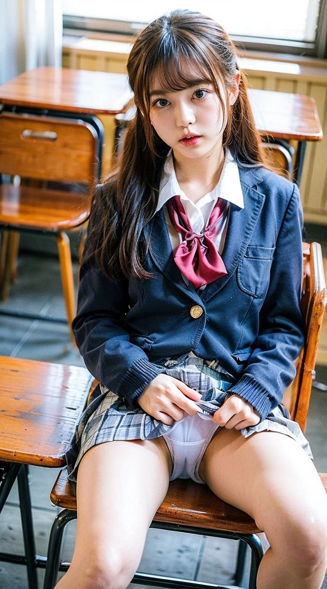 (8K、RAW Photos、Highest quality、masterpiece:1.2)、(Realistic、Photorealistic)、1 Girl、((Check mini skirt、Loafer Uniform、blazer、Small breasts、classroom、I sat on a chair、Viewed from the front、Spread your legs、White silk panties))、Lots of eyelashes、Add shine to your eyelids、skeletally correct、Show off your panties、Open your legs to the side、Panty Shot、sexy、(Panties close up:1.0)、Skirt Lift、Lift up the skirt、I can see her pant(M-shaped legs))